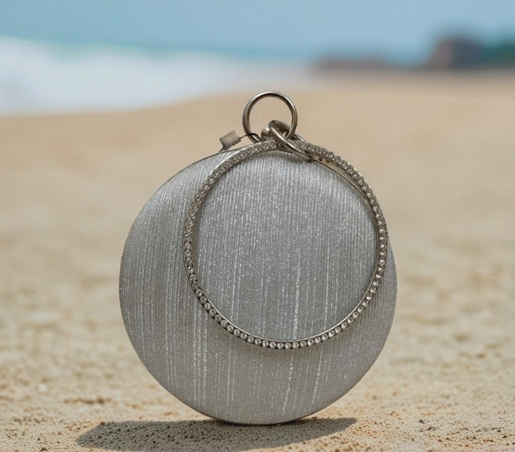 Silver Round Clutch with Rhinestone Handle- Limited Stock